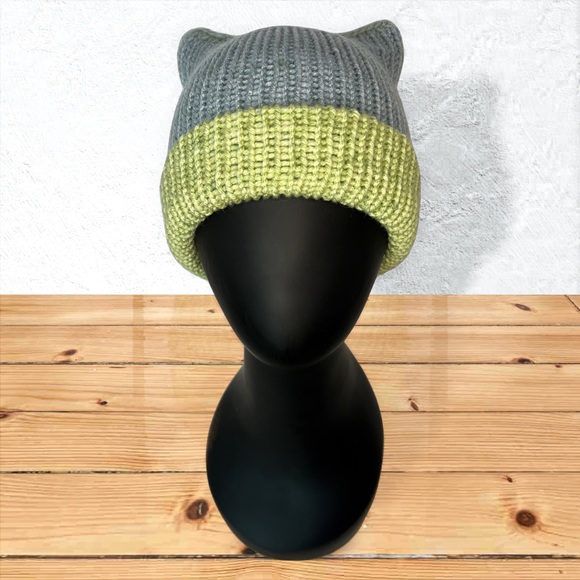 Hand Crafted Accessories - Handmade Knit Cat Ears Beanie Handcrafted Unisex Ombré Hat Lake Mist